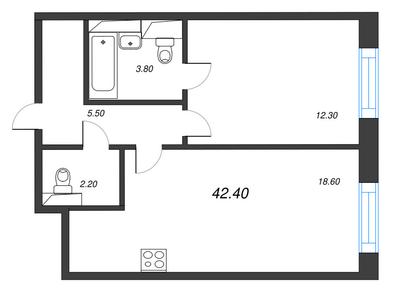 2 ккв (Евро) 42,4 м²