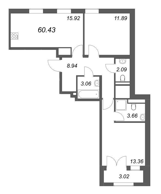 3 ккв (Евро) 60,4 м²