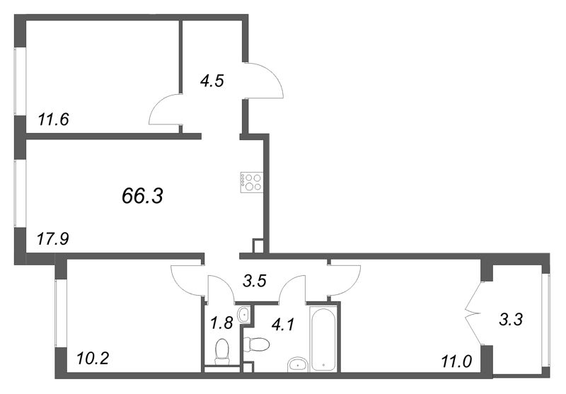 4 ккв (Евро) 66,3 м²