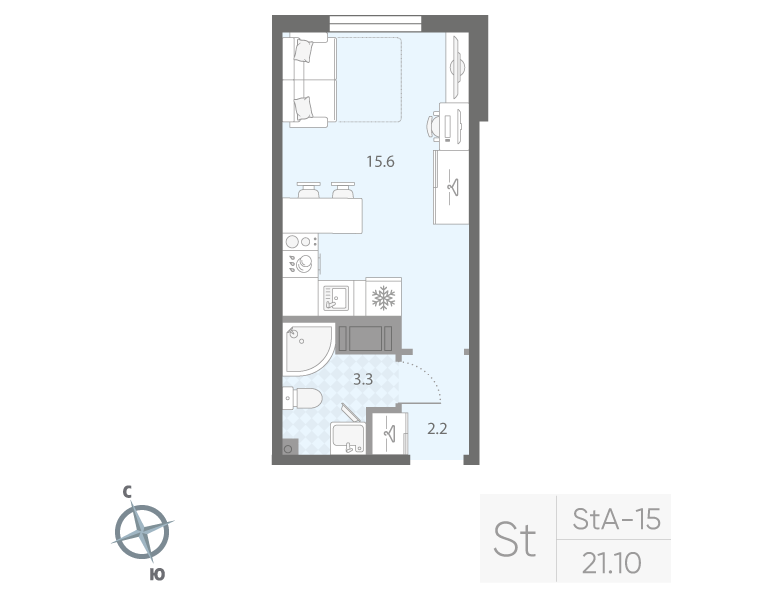 Студия 21,1 м²