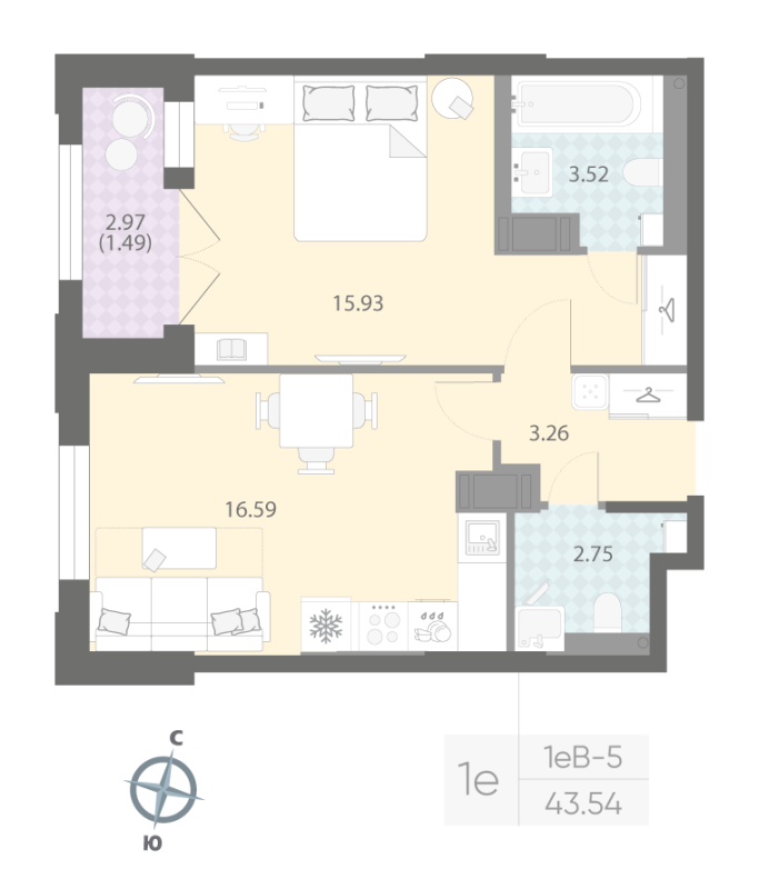 2 ккв (Евро) 43,5 м²