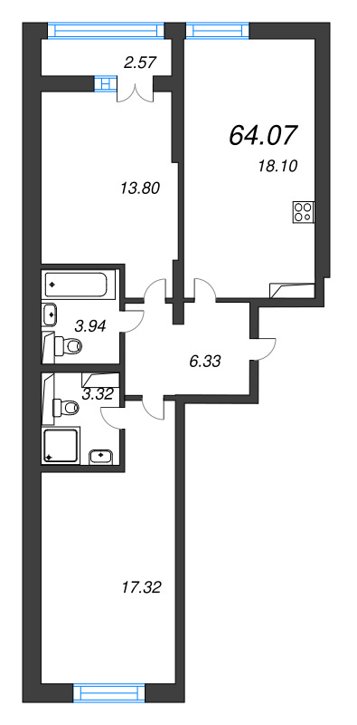 3 ккв (Евро) 64,1 м²
