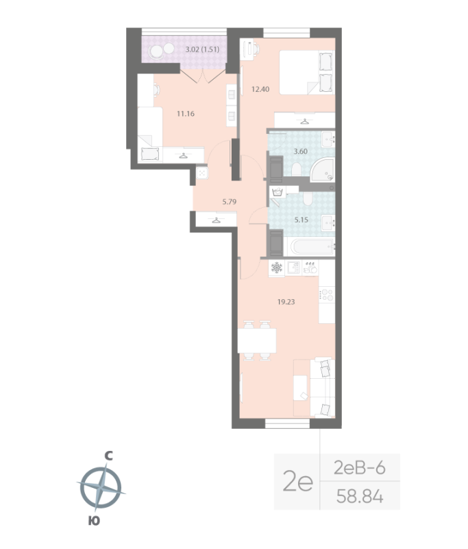 3 ккв (Евро) 58,8 м²