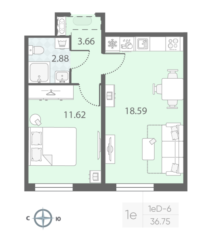 2 ккв (Евро) 36,5 м²