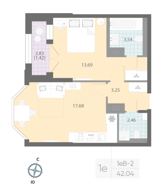 2 ккв (Евро) 42 м²