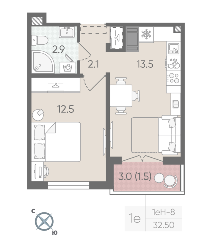 1 ккв 32,5 м²