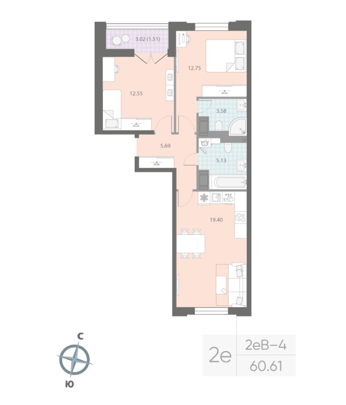 3 ккв (Евро) 60,6 м²