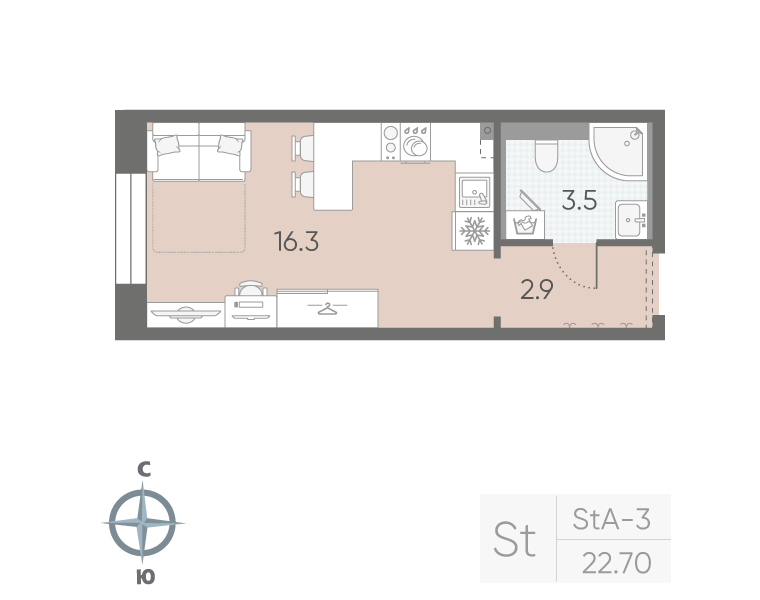 Студия 22,7 м²