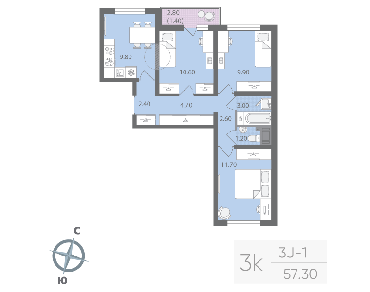 3 ккв 57,3 м²