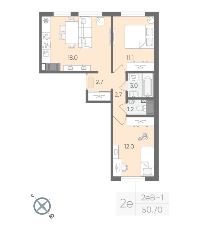 3 ккв (Евро) 50,7 м²