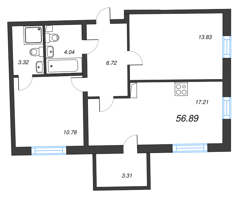 3 ккв (Евро) 56,9 м²