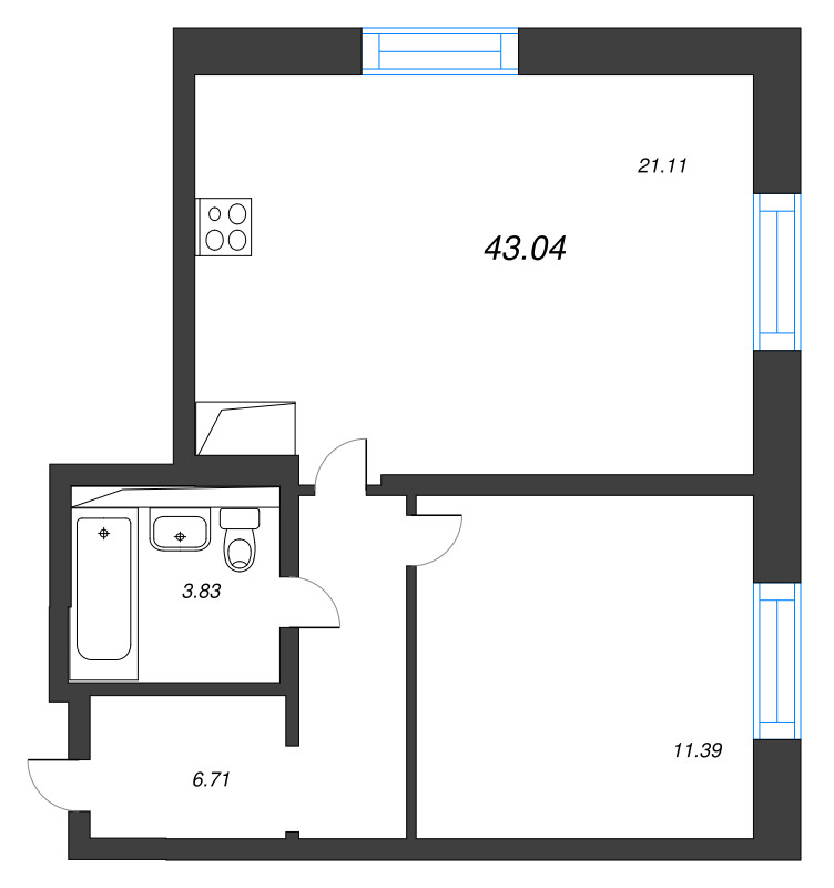 2 ккв (Евро) 43 м²
