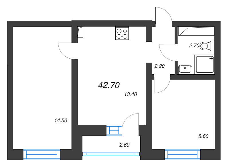 2 ккв 42,9 м²