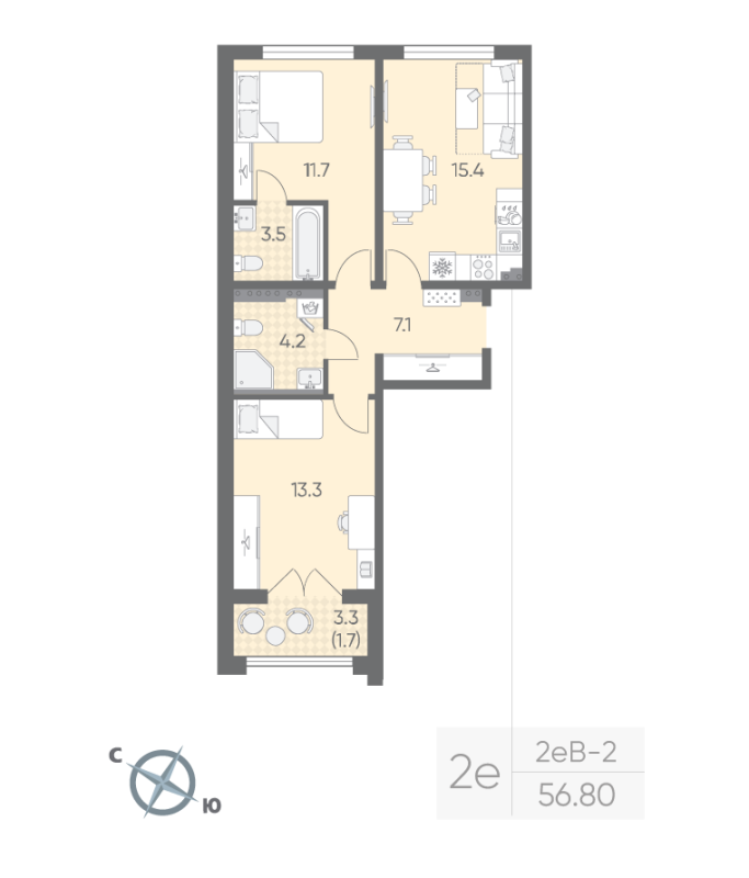 3 ккв (Евро) 56,9 м²