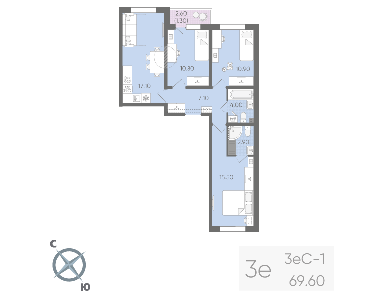4 ккв (Евро) 69,6 м²