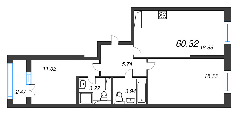 3 ккв (Евро) 60,3 м²