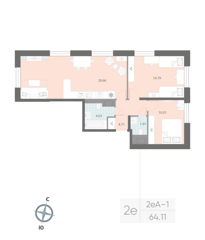 3 ккв (Евро) 64,1 м²