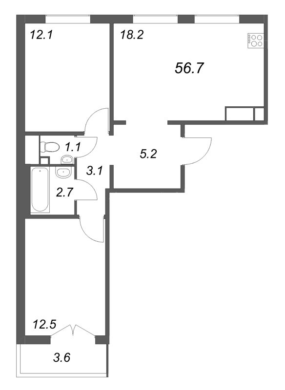 3 ккв (Евро) 56,7 м²