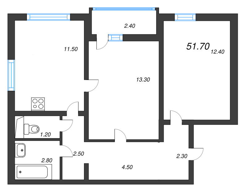 2 ккв 51,7 м²