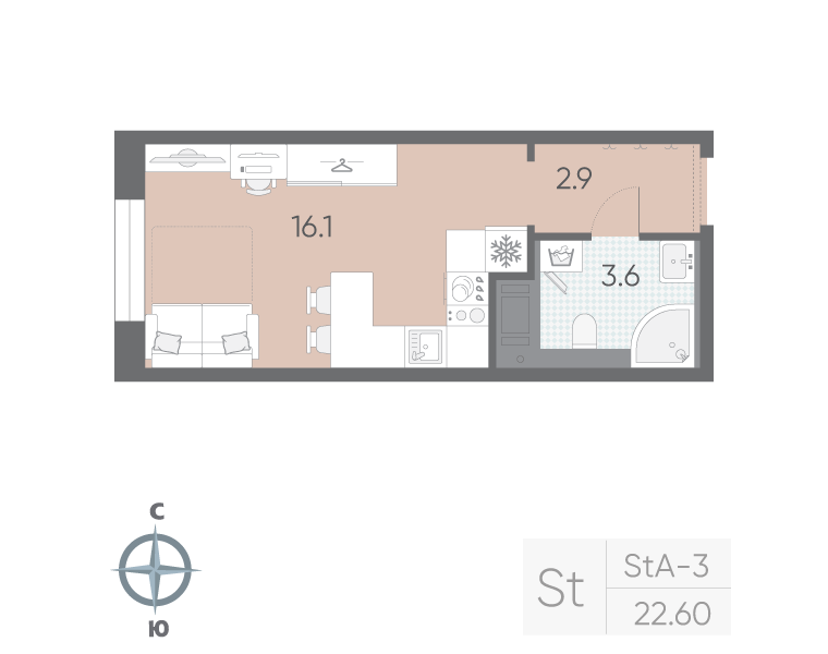 Студия 22,6 м²