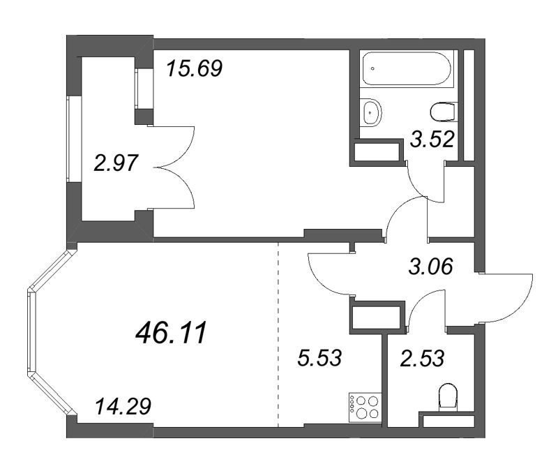 2 ккв (Евро) 46,1 м²