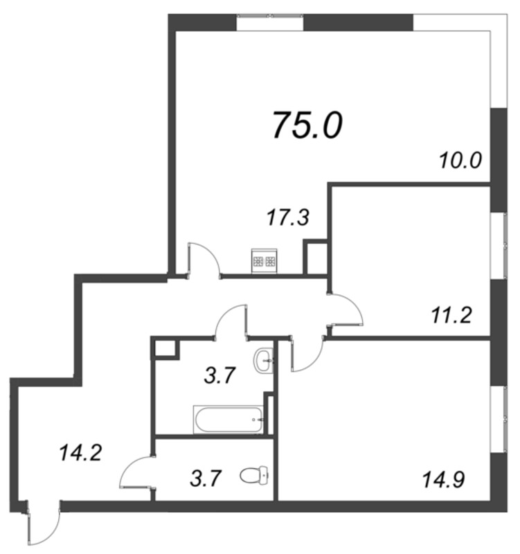 3 ккв (Евро) 74,9 м²