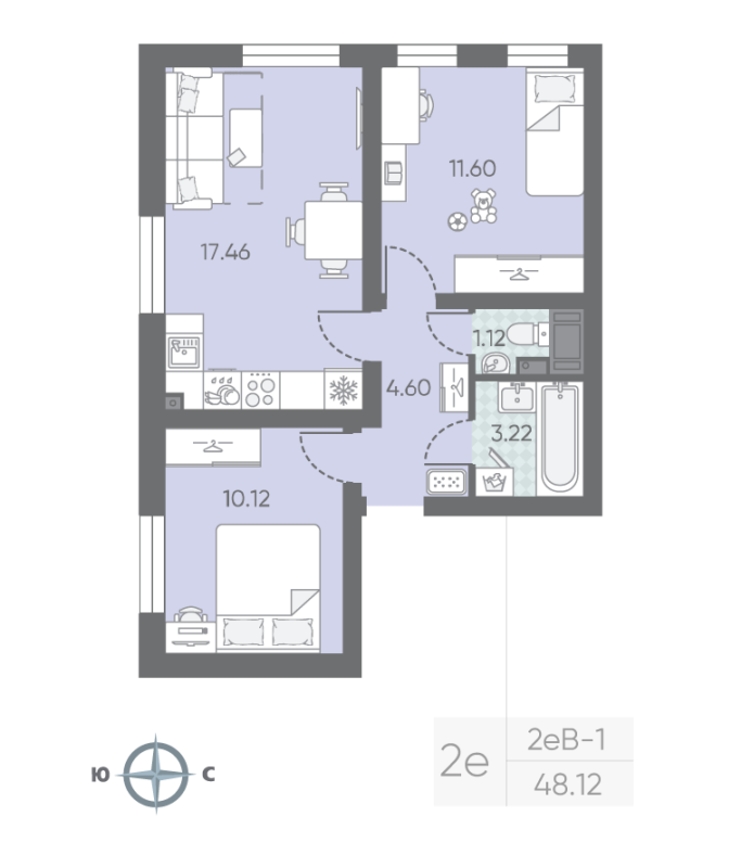 3 ккв (Евро) 48,6 м²