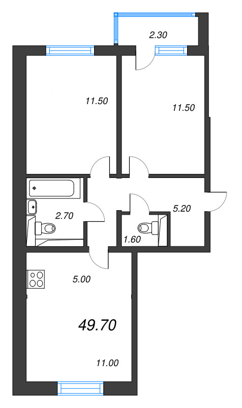 3 ккв (Евро) 49,7 м²