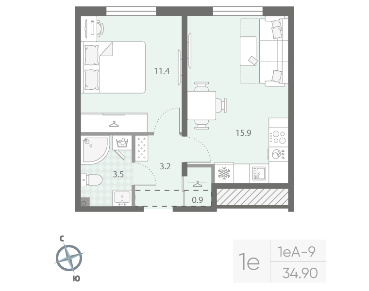 2 ккв (Евро) 34,9 м²