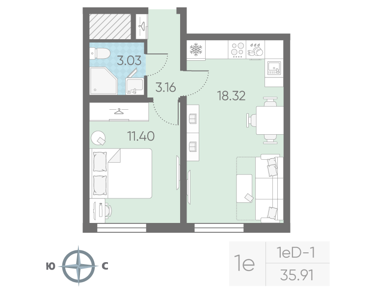 2 ккв (Евро) 35,9 м²