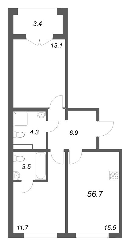 3 ккв (Евро) 56,7 м²