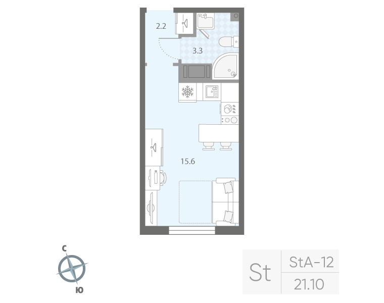 Студия 21,1 м²