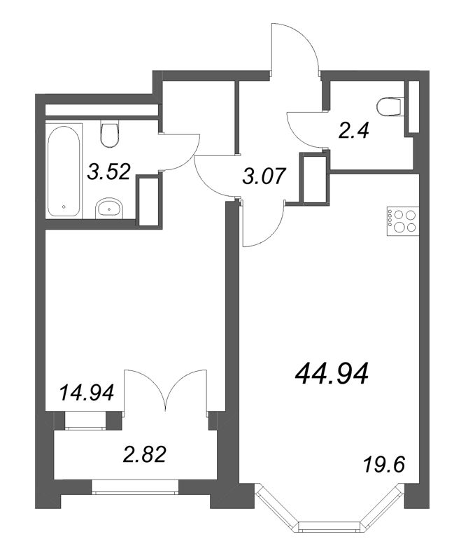 2 ккв (Евро) 44,9 м²