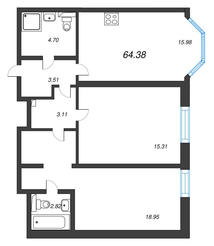 3 ккв (Евро) 64,4 м²