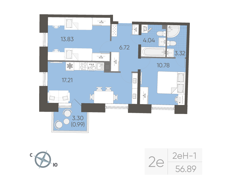 3 ккв (Евро) 56,9 м²