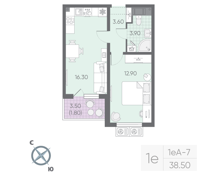 2 ккв (Евро) 38,5 м²