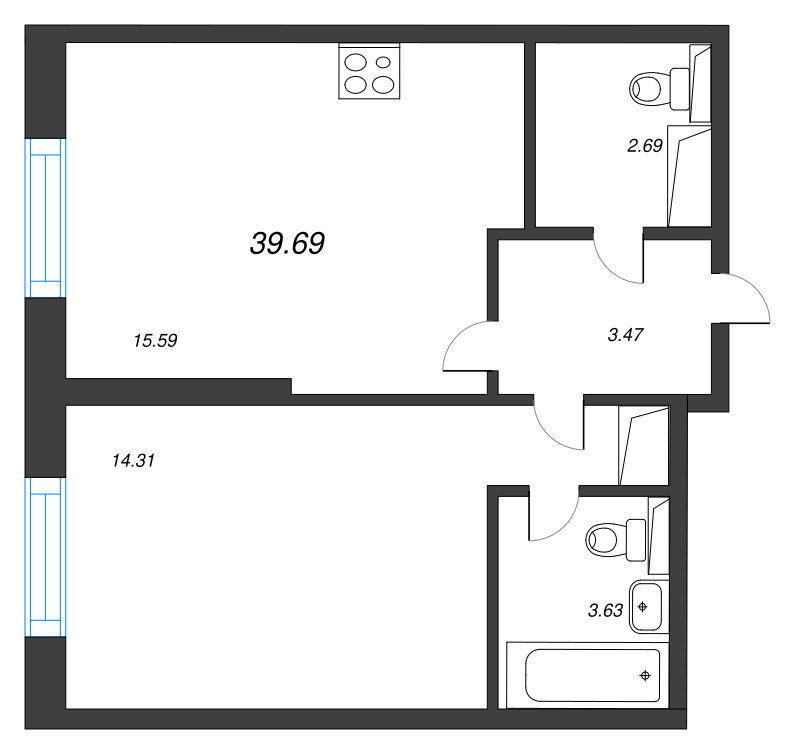 2 ккв (Евро) 39,7 м²
