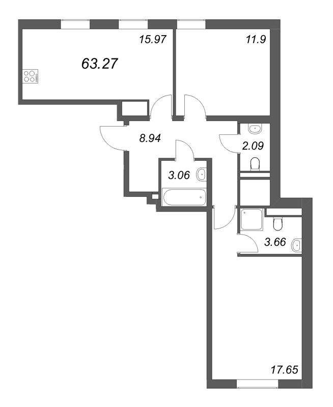 3 ккв (Евро) 63,3 м²