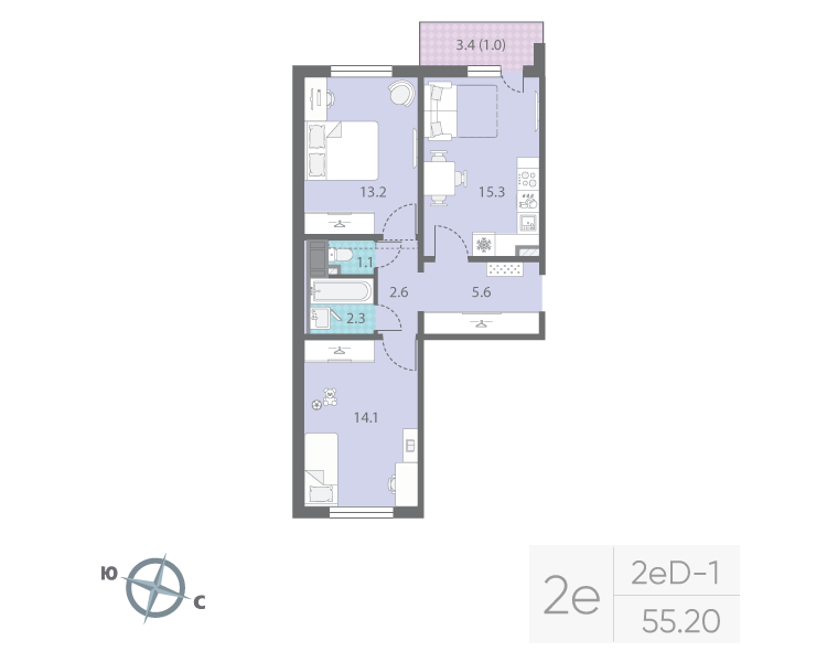 3 ккв (Евро) 55,2 м²