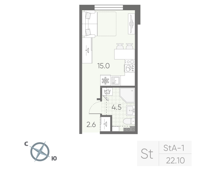 Студия 22,1 м²