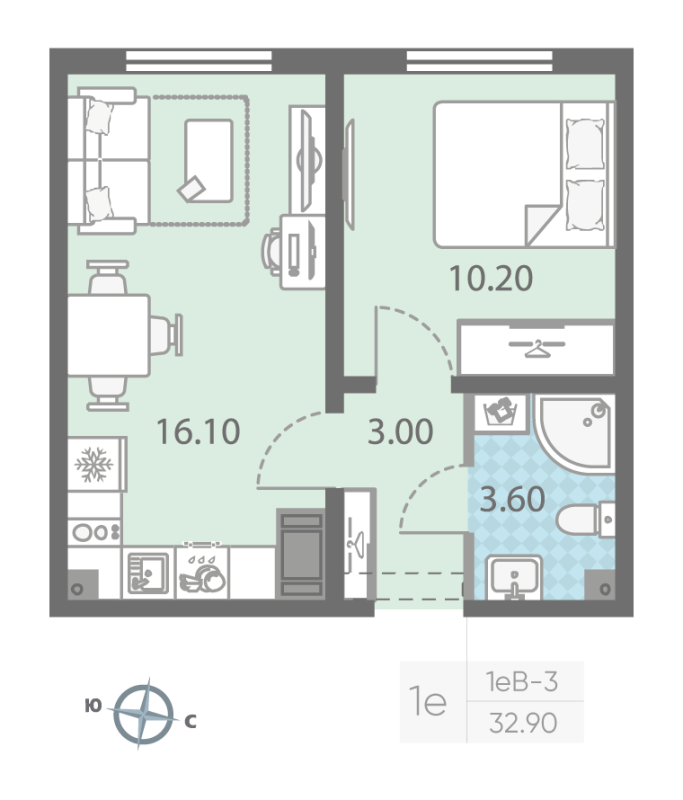 2 ккв (Евро) 33,2 м²