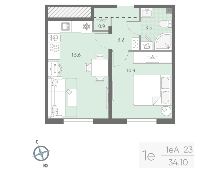 2 ккв (Евро) 34,1 м²