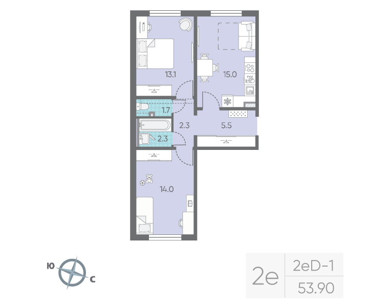 3 ккв (Евро) 53,9 м²