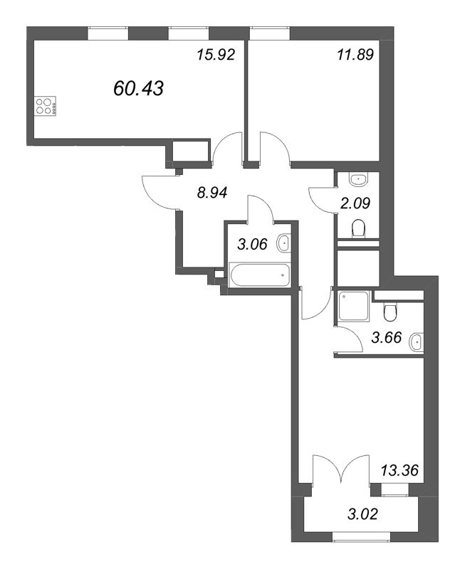 3 ккв (Евро) 60,4 м²