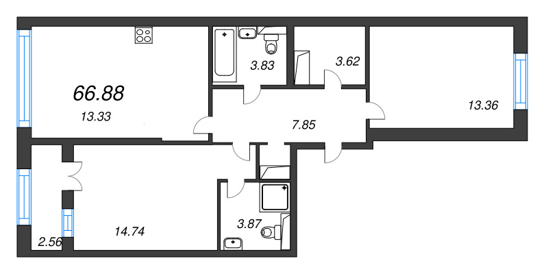 3 ккв (Евро) 66,9 м²