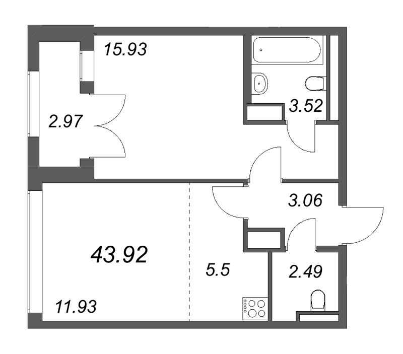 2 ккв (Евро) 43,9 м²