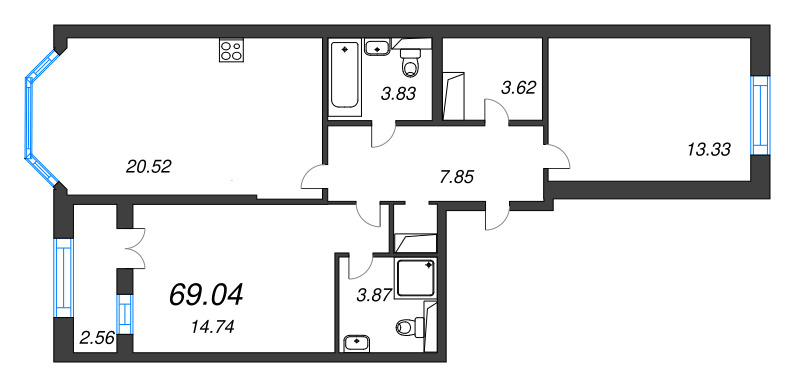 3 ккв (Евро) 69 м²