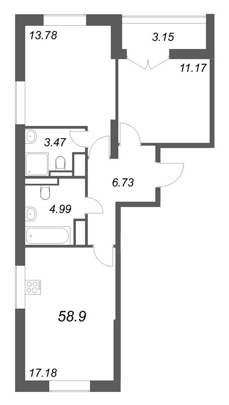 3 ккв (Евро) 58,9 м²