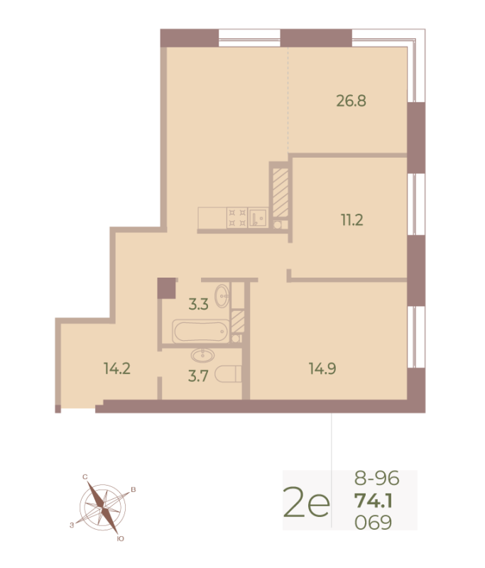 3 ккв (Евро) 74,1 м²
