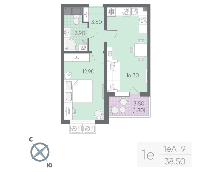 2 ккв (Евро) 38,5 м²